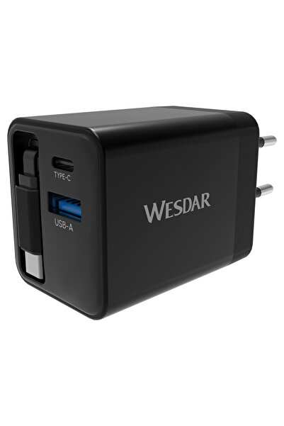 Wesdar AC289-1C1A Hızlı Şarj Adaptörü GaN 45W Dahili Geri Sarılabilir Type-C ...