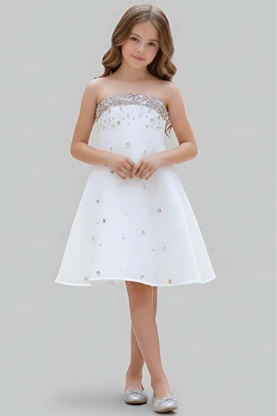 Alesaei-mondo tondo فستان سهرات بناتي أبيض بفصوص s01266