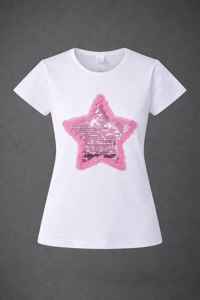 Dıgıl Kids Girl's T-Shirt Badi Lycra Star Pattern Embroidery High Quality