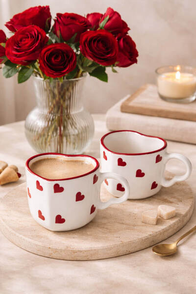 Anadolu Saray 2 Piece Handmade Ceramic Heart Design Mug Cup Set