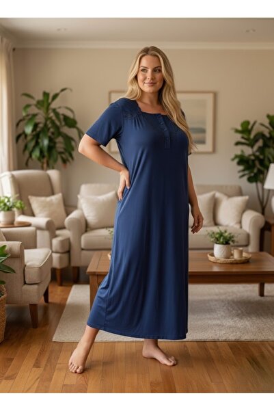 Lohusa Homewear New Season Navy Blue Elegant Lace Embroidered Summer Full Len...