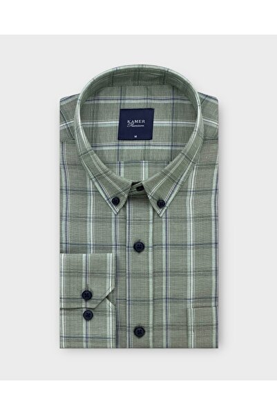 KAMER Men's Regular Fit Long Sleeve Button-Up Collar Double Pocket Plaid Gree...