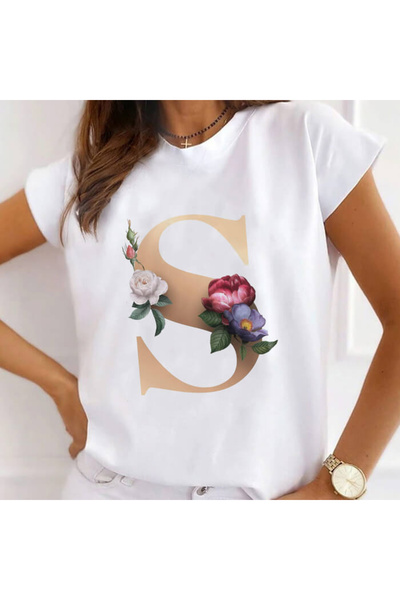 Kartier Women's White T-Shirt Alphabet Letter S