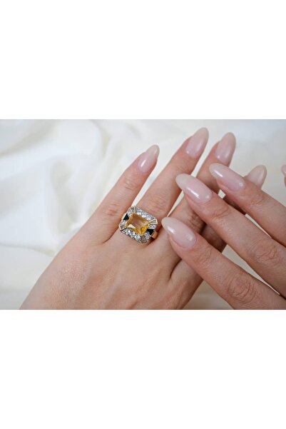 ATELİER TUĞBA Yzk258 Gold Color Honey Yellow Square Cut Adjustable Ring