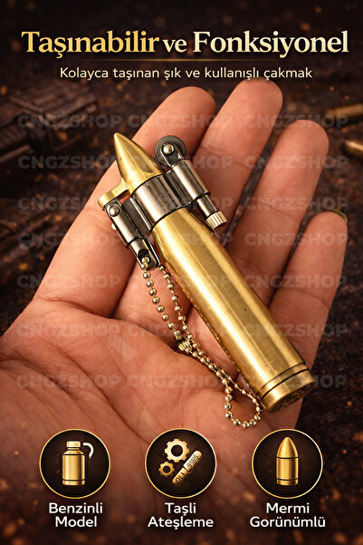 CNGZSHOP Gold Renk Metal Kapsül Tasarımlı Benzinli Taşlı Çakmak