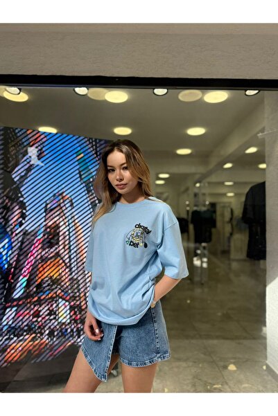 moda paketi Women's Front Minimal Back Printed Oversize T-Shirt