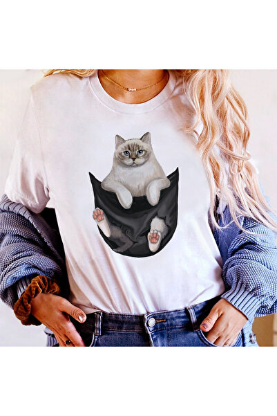Kartier Tricou Dama Alb White cat