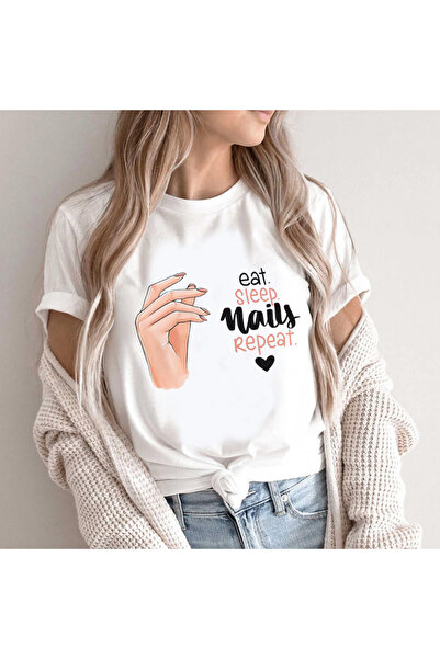 Kartier Tricou Dama Alb Eat Sleep Nails Repeate