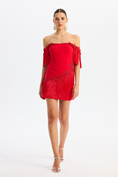 Carmen Kırmızı Düşük Kol Püsküllü After Party Elbisesi