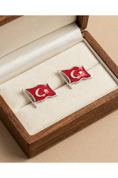 Zaytoon 2'Li Türkiye Bayarğı Simgesi Gümüş Renkli Özel Tasarımlı Unisex Yaka ...