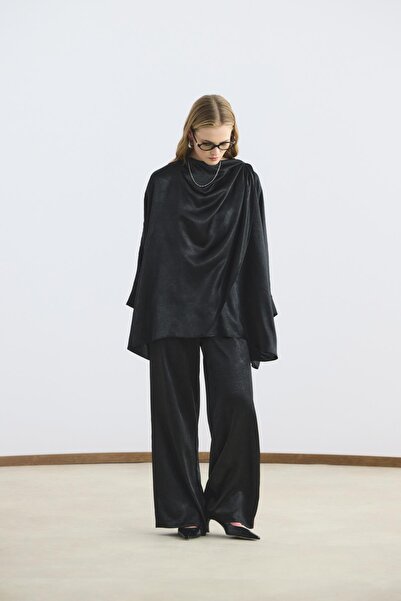 Shawl Collar Detailed Pants Set Black