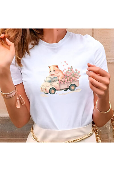 Kartier Women's White Flower Delivery Cat T-Shirt