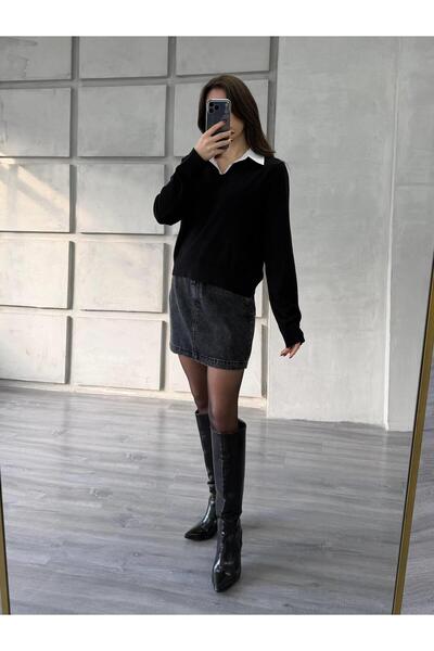 Coral Gömlek Yakalı Kazak 145305 Siyah - Kemik