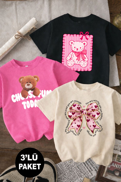 twins tailors Kudale and Teddy Bear Printed 3-Pack Pink-Black-Beige Girls' T-...