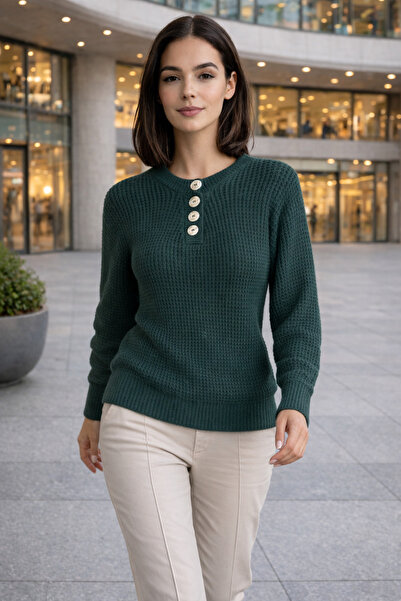 citystyle Women's Green Knitwear Sweater Round Neck Buttoned Long Sleeve Basi...