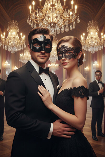 shop Çiftler İçin İkili Siyah Balo Maskesi Seti - Dantel Göz Maskesi ve Vened...