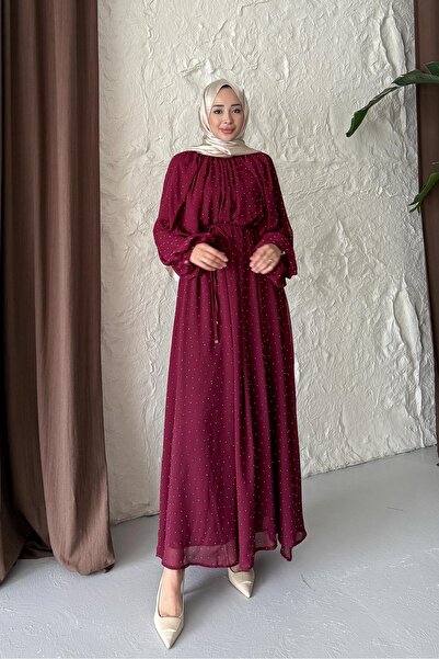 Rimel Moda Gold Price Taşlı Elbise Bordo
