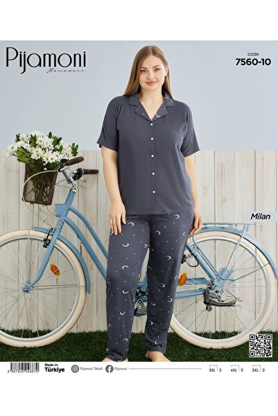 Pijamoni Milan Kumaş Büyük Beden Kısa Kol Düğmeli Pijama Takımı