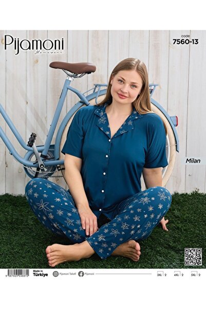 Pijamoni Milan Fabric Large Size Short Sleeve Buttoned Pajama Set