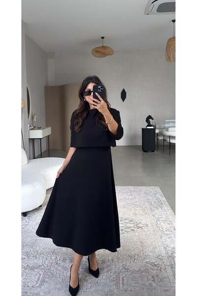 Mars Siyah Modal Elbise Crop Bluz İkili Takım