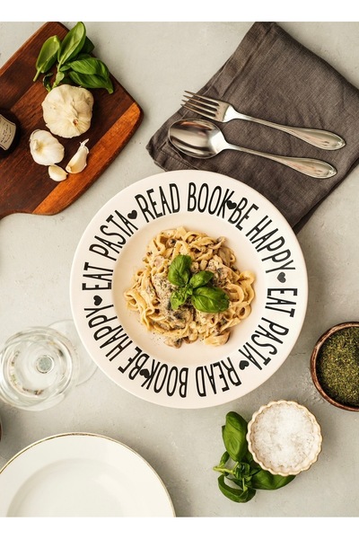LALEZEN HOME Read Book- Be Happy - Eat Pasta Yazili Dev Makarna Tabagi 28 cm