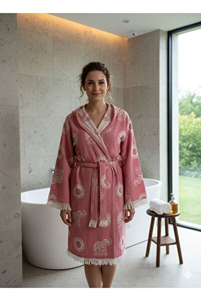 TARZ PEŞTEMAL %100 pamuk fil desenli jagarlı müslin kapşonlu bornoz