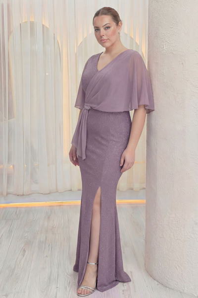 the ZKS Kadın Taş Detaylı Şifon Kol Simli Abiye Elbise Lacivert, Lila,Siyah,Y...