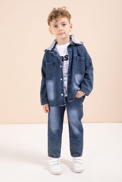 CansınMini Navy Blue Hooded Jean Jacket and Pants, Boy's Printed T-Shirt, 3-Piece Set 23617