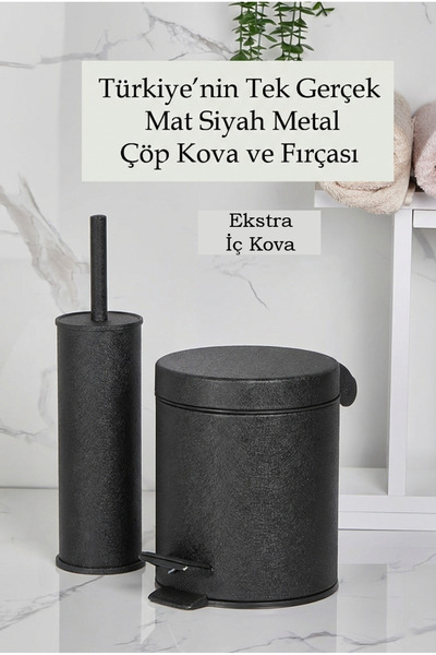 ORSA HOME Metal 3 lt. Mat Siyah Çöp Kovası Ve Tuvalet Fırça Seti 101
