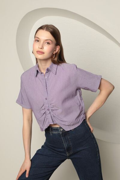 Kaktüs Short-sleeved shirt, Turkish made, ruffled design, purple