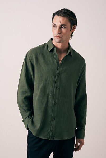 İLKCET MODA Long Sleeve Khaki Muslin Men's Shirt