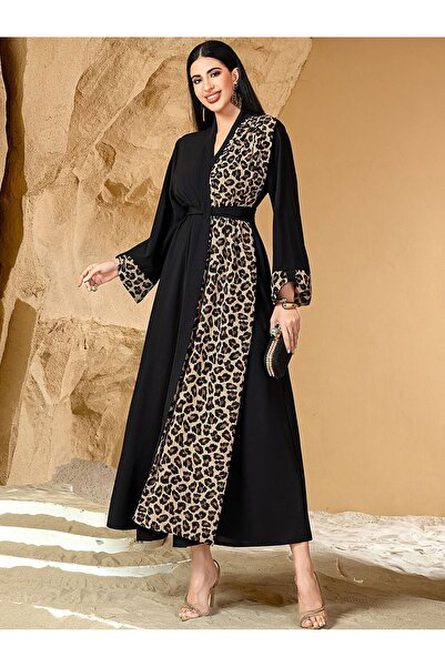Noon Noora Abaya Leopard Print Colorblock Deep V Cardigan Jacket with Belt