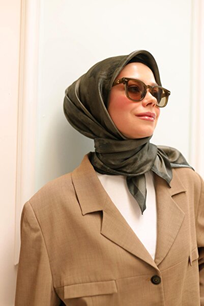 Silk Home Patterned Shiny Scarf - 8647 - Green Brown