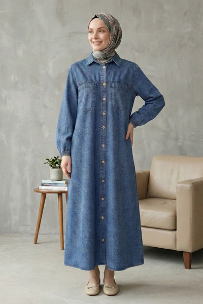 Kirazgym Women's Buttoned Long Dress with Elastic Sleeves and Pockets - Ice Blue