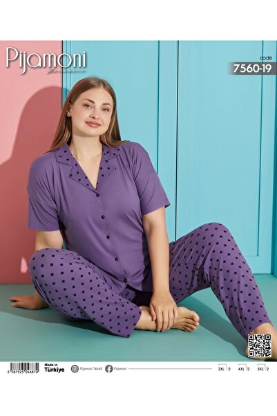Pijamoni Milan Kumaş Büyük Beden Kısa Kol Düğmeli Pijama Takımı