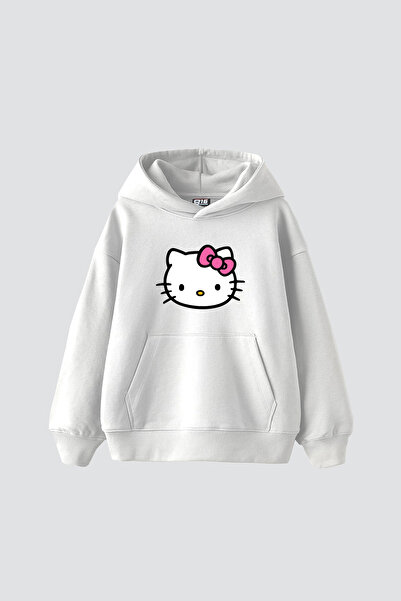 Sekizbiraltı Cute Kitty Printed Oversize Unisex White Hoodie