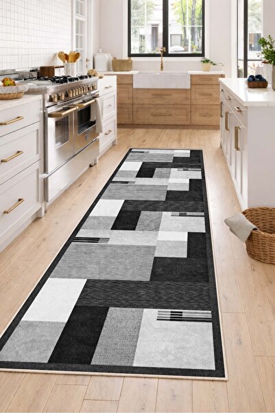 VOPTEKS Gri Siyah Halı Salon Halısı Makinede Yıkanabilir Halı Kaymaz Taban Halı