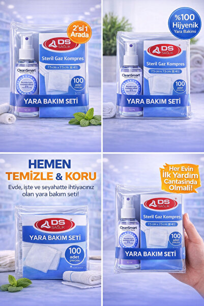 Damla Sağlık Steril Gaz Spanç 7,5×7,5 cm 100 Adet + CleanSmart 50 ml Dezenfek...