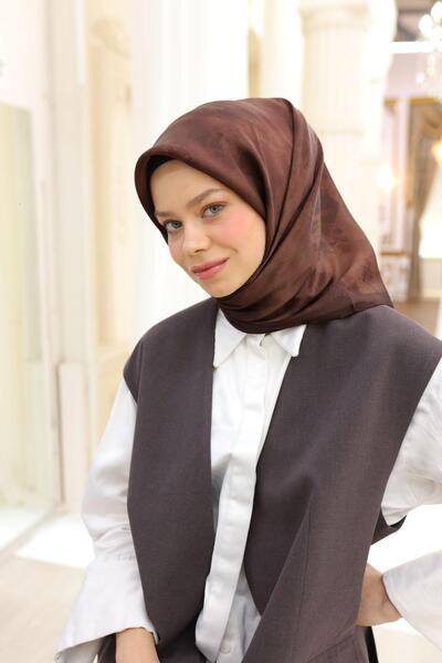 Silk Home Patterned Shiny Scarf - 8647 - Chocolate