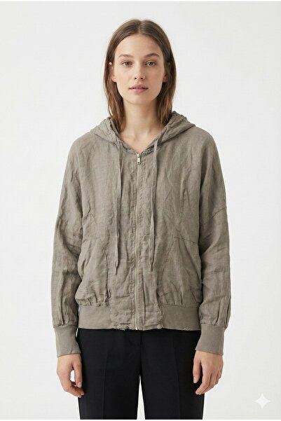 della moor Women's Mink Italian Zippered Hooded Low Sleeve Oversize Linen Blouse