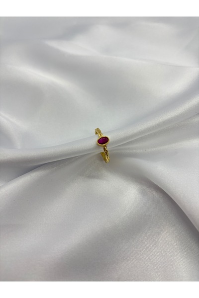 Home Kadın Gold Paslanmaz Çelik Yüzük - Fuşya Pembe Taşlı Burgu Model Yüzük -...