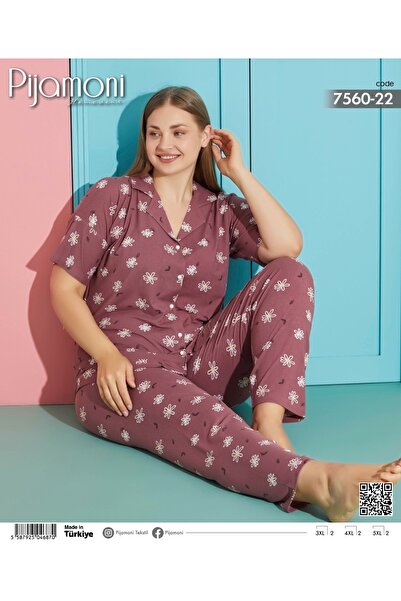 Pijamoni Milan Kumaş Büyük Beden Kısa Kol Düğmeli Pijama Takımı