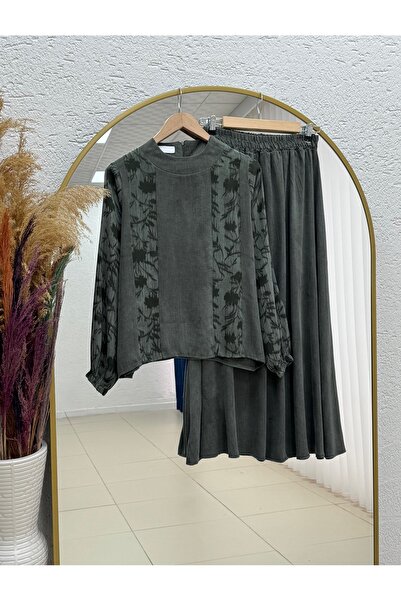 BENAHOLL Ayten Sleeves and Patterned Front Skirt Set-Mf1877 Khaki