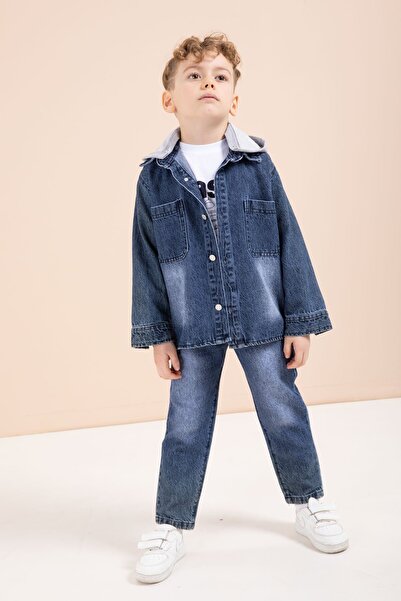 Cansın Mini Navy Blue Hooded Jean Jacket and Pants, Boy's Printed T-Shirt, 3-...