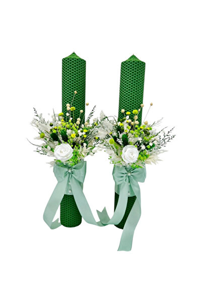 Eventissimi White and green honeycomb candle set for wedding 42 cm with cryog...