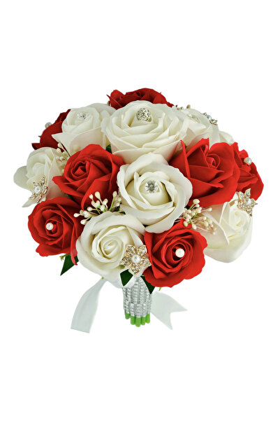 Eventissimi Buchet mediu cu trandafiri perlute strasuri si bijuterii alb rosu