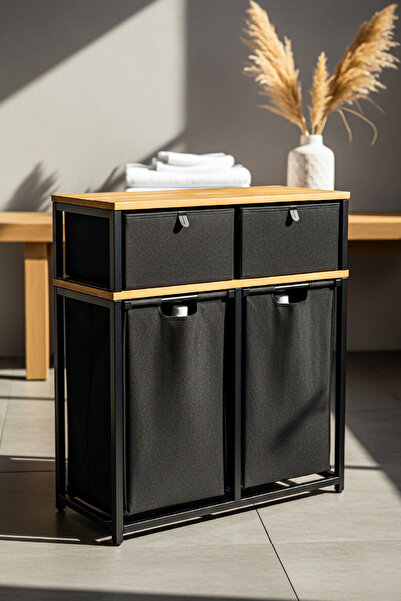 PLUSKIT Metal Kızaklı Çamaşır Sepeti 2 Adet Saklama Kutulu 2X40 LT Kirli Sepe...