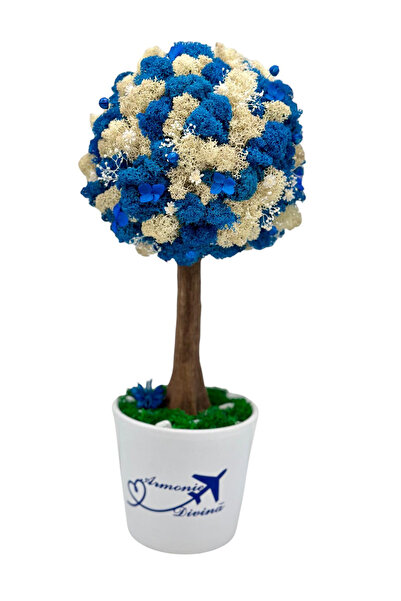 Eventissimi Aranjament floral mediu 38cm copacel licheni și flori Alb-Albastru