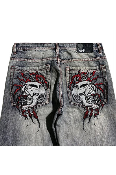 Gofeel Gri Double Fire Skull Streetwear Yıkamalı Jean Pantolon