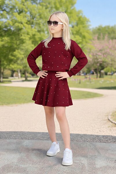 Yalçınoğlu Kids Set fustă cu mâneci lungi și detalii perlate pentru fete I Se...